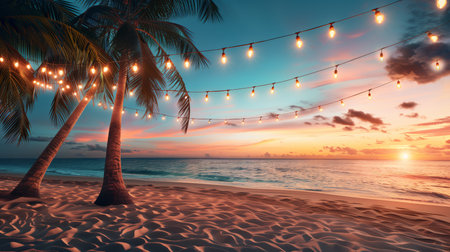 Tropical beach sunset with string lights hanging between palm trees, serene ocean view, and space for text  ideal for travel or summer holiday backgroundsの素材