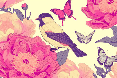 Vibrant vintage style illustration of a bird and butterflies amidst lush peonies, with ample space for text, ideal for spring themed designs or backgroundsの素材