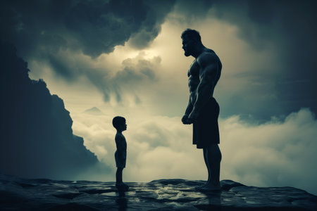 Silhouetted young boy and muscular man standing facing each other on a misty, rocky landscape, conveying a concept of growth and aspiration, with space for text, suitable for motivational themesの素材