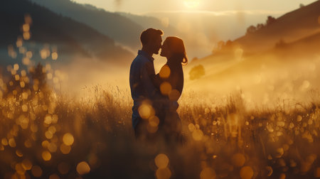 Romantic silhouette of a couple embracing in a golden field at sunset, with space for text on warm bokeh background, perfect for love themed designs or Valentines Day promotionsの素材