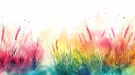Colorful watercolor meadow with grass and splashes, ideal for spring themed backgrounds with copy spaceの素材