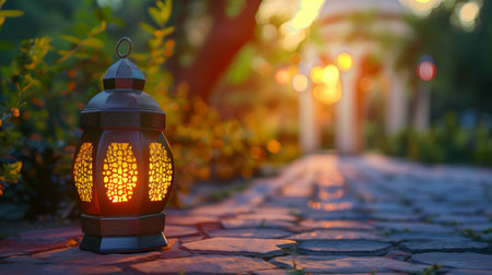 Traditional lantern illuminating a garden path at dusk, ideal for Ramadan Kareem background with ample space for text on the rightの素材