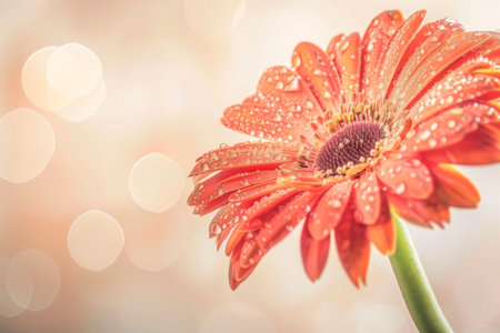Orange gerbera flower with water droplets on a soft bokeh background, suitable for greeting cards and spring themes with copy spaceの素材