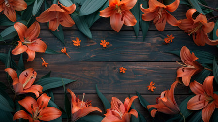 Vibrant orange lilies with lush green leaves scattered on a dark wooden background, suitable for spring themed designs and gardening concepts with copy space for textの素材