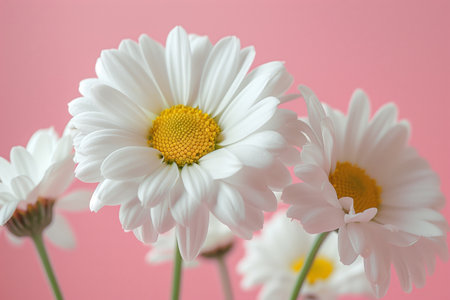 Close up of white daisy flowers against a soft pink background, ideal for spring themed designs with copy spaceの素材