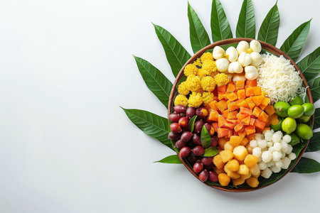Assorted tropical fruit platter with space for text, featuring mango, papaya, and exotic berries on a bed of green leaves for a fresh summer concept or health related designの素材
