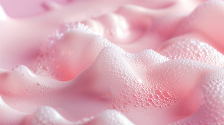 Soft pink waves with foam bubbles on a gentle gradient backdrop, ideal for cosmetic, skincare, or feminine themed backgrounds with ample copy spaceの素材