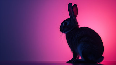 Silhouetted rabbit against a vibrant pink and blue gradient background, ideal for Easter holiday designs with ample copy spaceの素材