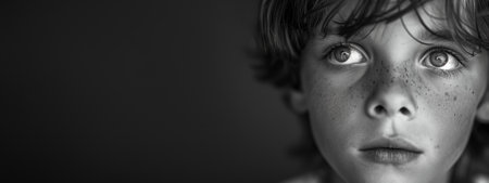 Close up monochrome portrait of a young child with captivating eyes and freckles, ideal for emotional or psychological concept illustrations, with space for text on the rightの素材
