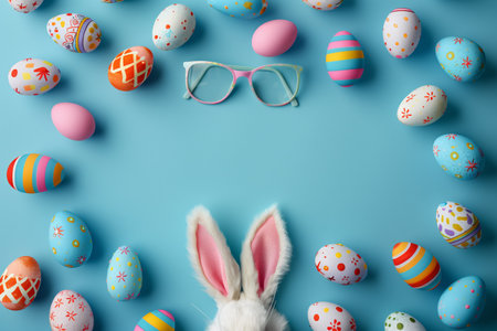 Colorful Easter eggs and bunny ears on a pastel blue background with copy space, perfect for holiday greeting cards and seasonal promotionsの素材
