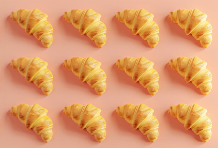 Pattern of freshly baked golden croissants on a pastel pink background, ideal for bakery menus or culinary articles with copy spaceの素材