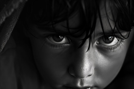Close up black and white portrait of a child with emotional eyes, ample copy space, perfect for concepts of childhood, emotions, or innocenceの素材