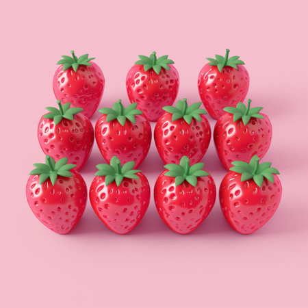 3D rendered strawberries arranged in a pyramid shape on a pastel pink background with copy space, suitable for healthy eating or summer themed designsの素材
