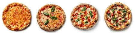 Assortment of whole Italian pizzas isolated on white background, with space for text, featuring Margherita, pepperoni, and vegetarian options, showcasing variety and takeaway conceptの素材