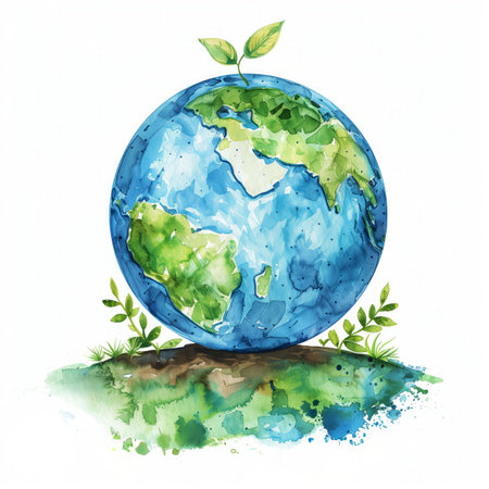 Watercolor illustration of a stylized Earth with green leaves, symbolizing environmental conservation and Earth Day, with ample white space for textの素材