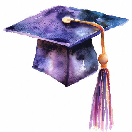 Watercolor illustration of a graduation cap with a tassel, isolated on white background, suitable for academic achievement themes and graduation materialsの素材
