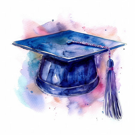 Watercolor illustration of a graduation cap with a tassel, set against a colorful splashed background, ideal for education themed designs with space for textの素材