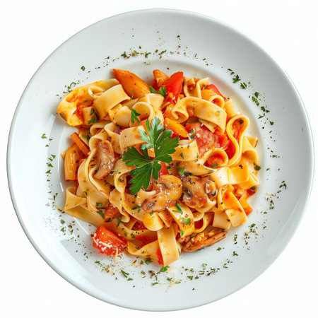 Appetizing fettuccine pasta with mushrooms, cherry tomatoes, and fresh parsley garnish on a white plate, isolated on a white background with copy space  ideal for Italian cuisine conceptsの素材