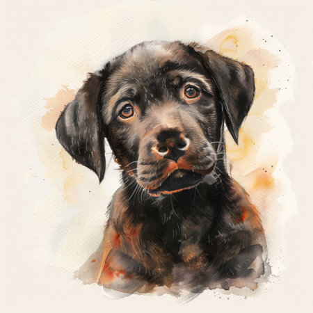Watercolor illustration of an adorable black Labrador puppy with expressive eyes on a textured background, ideal for pet related themes, with ample space for textの素材