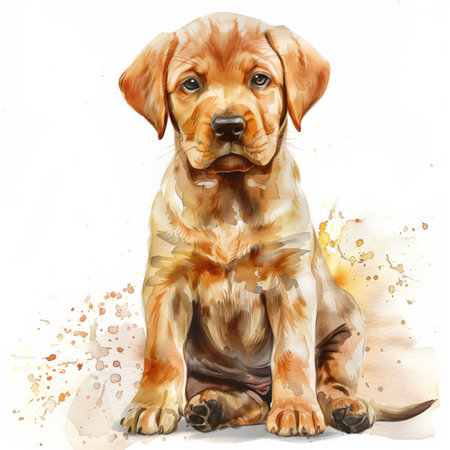 Adorable watercolor illustration of a sitting Labrador puppy with a thoughtful expression and paint splatter details, perfect for pet related designs with space for text on the rightの素材