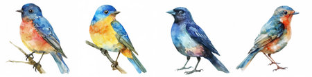 Set of four colorful watercolor birds on isolated white background, suitable for artistic natural themes or springtime designs with space for textの素材