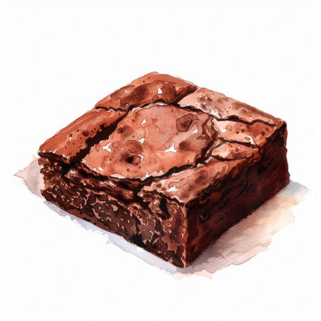 Watercolor illustration of a rich, textured chocolate brownie with space for text, ideal for bakery menus or dessert recipe websitesの素材