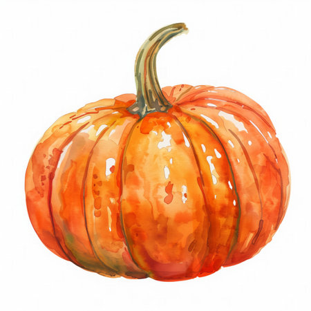 Watercolor illustration of a vibrant orange pumpkin with a textured background, suitable for Thanksgiving and fall themed designs, with copy space for textの素材