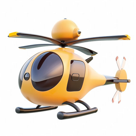 3D illustration of a modern, compact, yellow helicopter with sleek design isolated on a white background, ideal for technology and aviation related content with copy spaceの素材