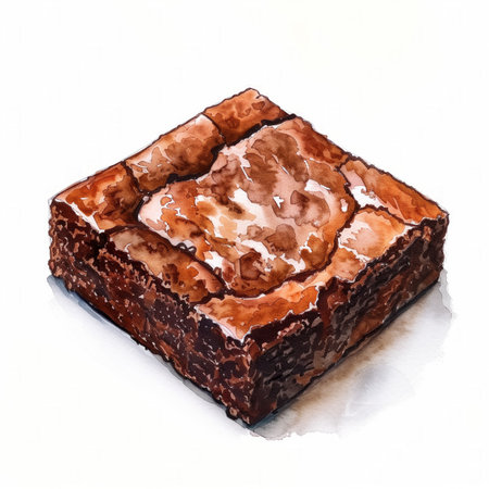 Watercolor illustration of a single moist chocolate brownie with a cracked surface, ideal for dessert themed designs and culinary backgrounds, with ample white space for textの素材