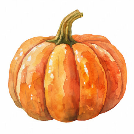 Watercolor illustration of an orange pumpkin with a green stem on a white background, suitable for autumn themed designs and Thanksgiving holiday decorationsの素材