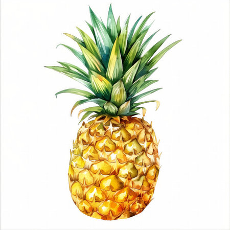 Vibrant watercolor illustration of a ripe pineapple with a lush green crown on a clean white background, perfect for food and tropical concept designs with copy spaceの素材