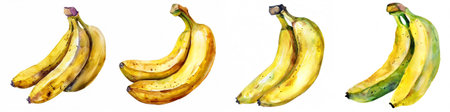Brightly colored watercolor illustrations of ripe bananas in various clusters isolated on a white background, suitable for culinary themes and grocery advertising with space for textの素材