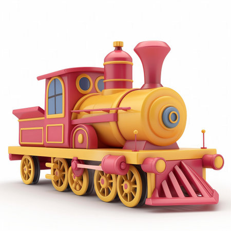 Colorful cartoon style 3D illustration of a toy train in yellow and pink, isolated on a white background, ideal for childrens book covers or educational contentの素材