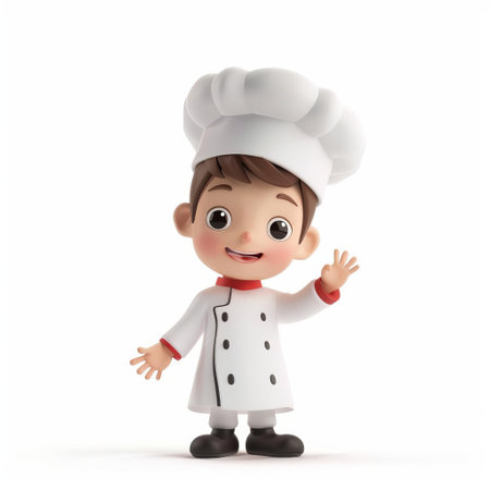 Smiling cartoon young chef character in uniform waving hello, isolated on white with copy space for text, ideal for culinary or food related advertising and childrens contentの素材