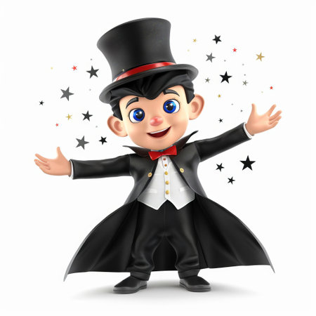 3D illustration of a cheerful animated young boy in a magician costume with a top hat, welcoming with open arms, on a white background with sparkles, suitable for party invitations or kids event promotionsの素材