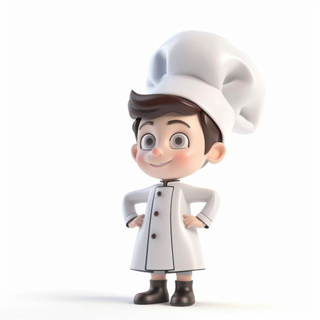 3D illustration of a cheerful young animated chef with a white hat and uniform, against a white background with copy space, ideal for culinary themes or advertisingの素材