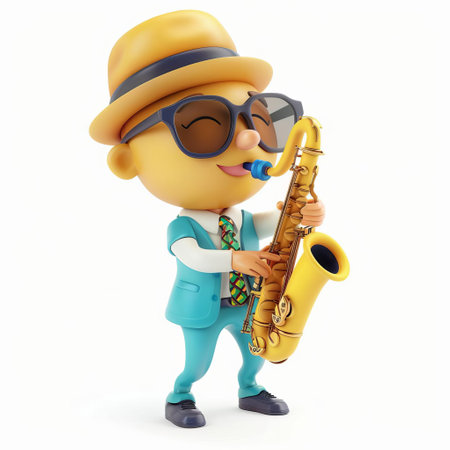 3D cartoon character in a stylish outfit playing the saxophone, isolated on a white background with ample space for text, ideal for music themed designs and International Jazz Day promotionsの素材