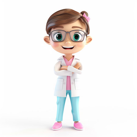 3D illustration of a cheerful young girl cartoon character dressed as a doctor, with copy space, ideal for medical or educational content targeted at childrenの素材
