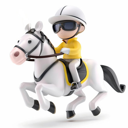 3D illustration of a stylized, cartoon child character riding a horse, wearing a helmet and sunglasses, ideal for equestrian sports concepts and childrens event promotions, with space for textの素材
