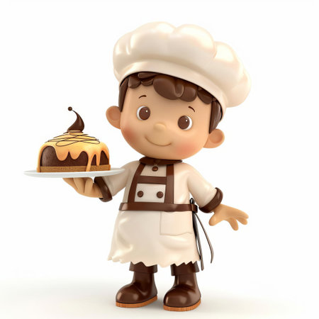 3D cartoon illustration of a cheerful young chef holding a chocolate cake, ideal for culinary concept designs with ample space for text on a white backgroundの素材