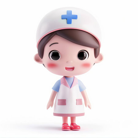 3D illustration of a cartoon female nurse character with a medical cap standing isolated on a white background with space for text, ideal for healthcare and medical themed designsの素材