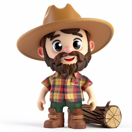Illustration of a cheerful cartoon lumberjack character with a beard, wearing a hat and plaid shirt, standing next to a log, ideal for childrens books or educational content with space for textの素材
