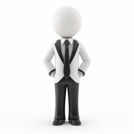3D illustration of a faceless character in a business suit on a white background with copyspace, suitable for professional concept presentationsの素材