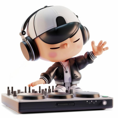 Animated character as a DJ with headphones and cap mixing on turntables, with space for text on a clean white background, suitable for music related promotions and eventsの素材