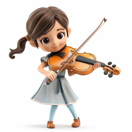3D illustration of a young girl cartoon character playing the violin, with space for text on a clean white background, ideal for music themed designs and educational contentの素材