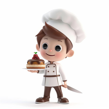 3D animated character of a cheerful young chef presenting a chocolate cake garnished with a strawberry, isolated on a white background with ample space for text, suitable for culinary themed designsの素材