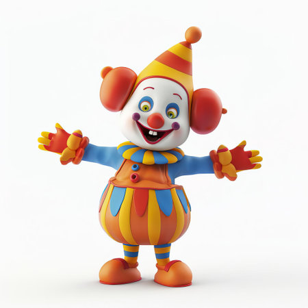 Colorful cartoon clown in a party hat with a cheerful expression, suitable for childrens party invitations or circus themed designs, isolated on a white background with space for textの素材