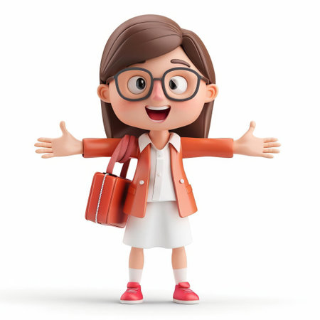 3D animated character of a young girl with glasses and a schoolbag, welcoming with open arms, isolated on white background with space for textの素材
