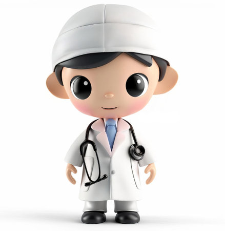 3D cartoon illustration of an adorable young doctor with stethoscope, ideal for childrens health concepts, with copyspaceの素材