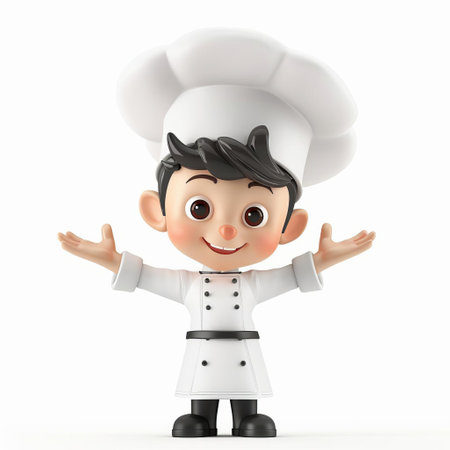 Cheerful cartoon chef with open arms in white uniform and hat on a blank background, ideal for culinary concept designs with space for textの素材